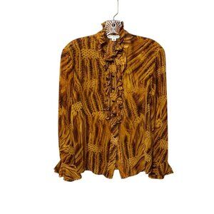 St. John Silk Blend Long Sleeve Ruffled Button Up Blouse Abstract Print Size 2